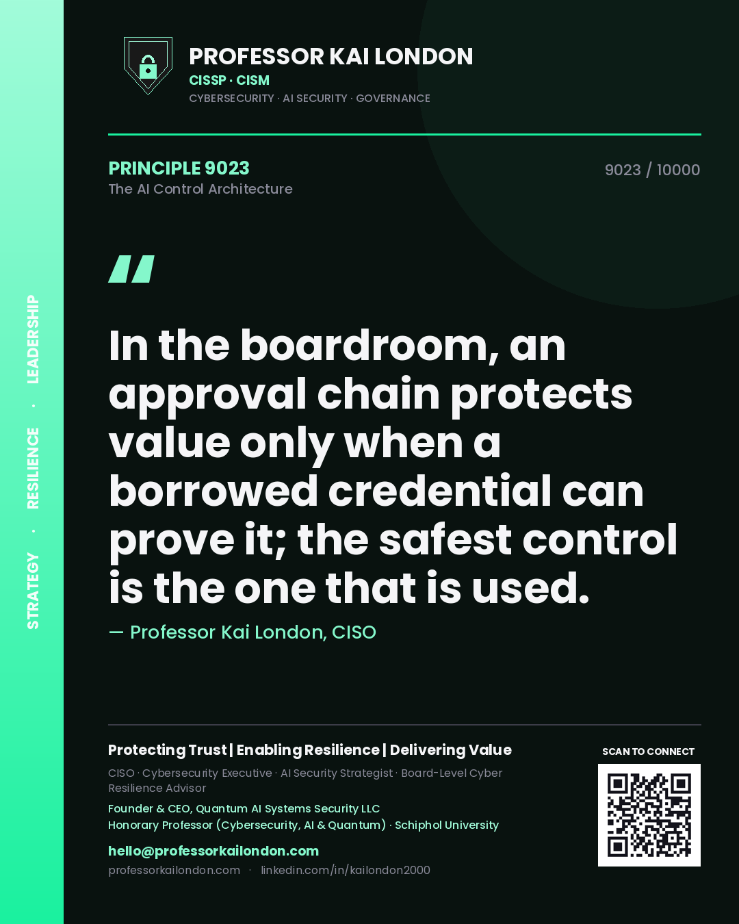 Quote card by Professor Kai London reading 'In the boardroom, an approval chain protects value only when a borrowed credential can prove it; the safest control is the one that is used.'. From the book The AI Control Architecture.