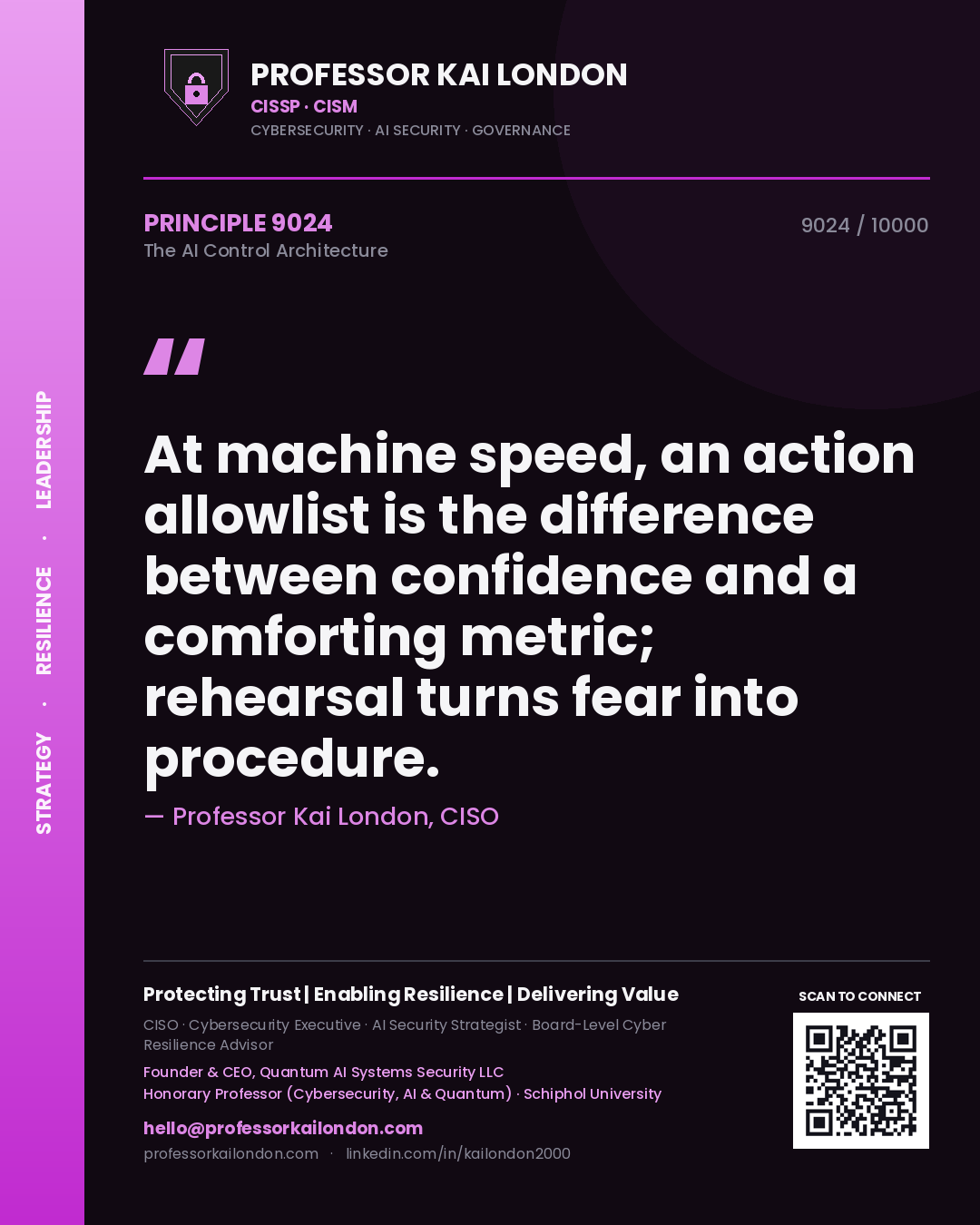 Professor Kai London principle 9024: At machine speed, an action allowlist is the difference between confidence and a comforting metric; rehearsal turns fear into procedure.