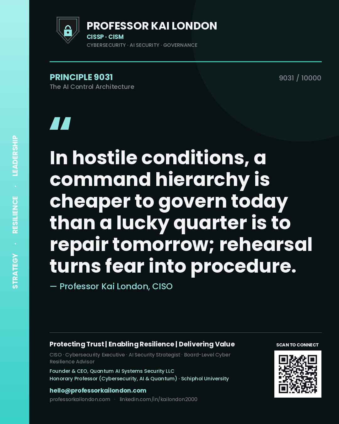 Quote card by Professor Kai London reading 'In hostile conditions, a command hierarchy is cheaper to govern today than a lucky quarter is to repair tomorrow; rehearsal turns fear into procedure.'. From the book The AI Control Architecture.
