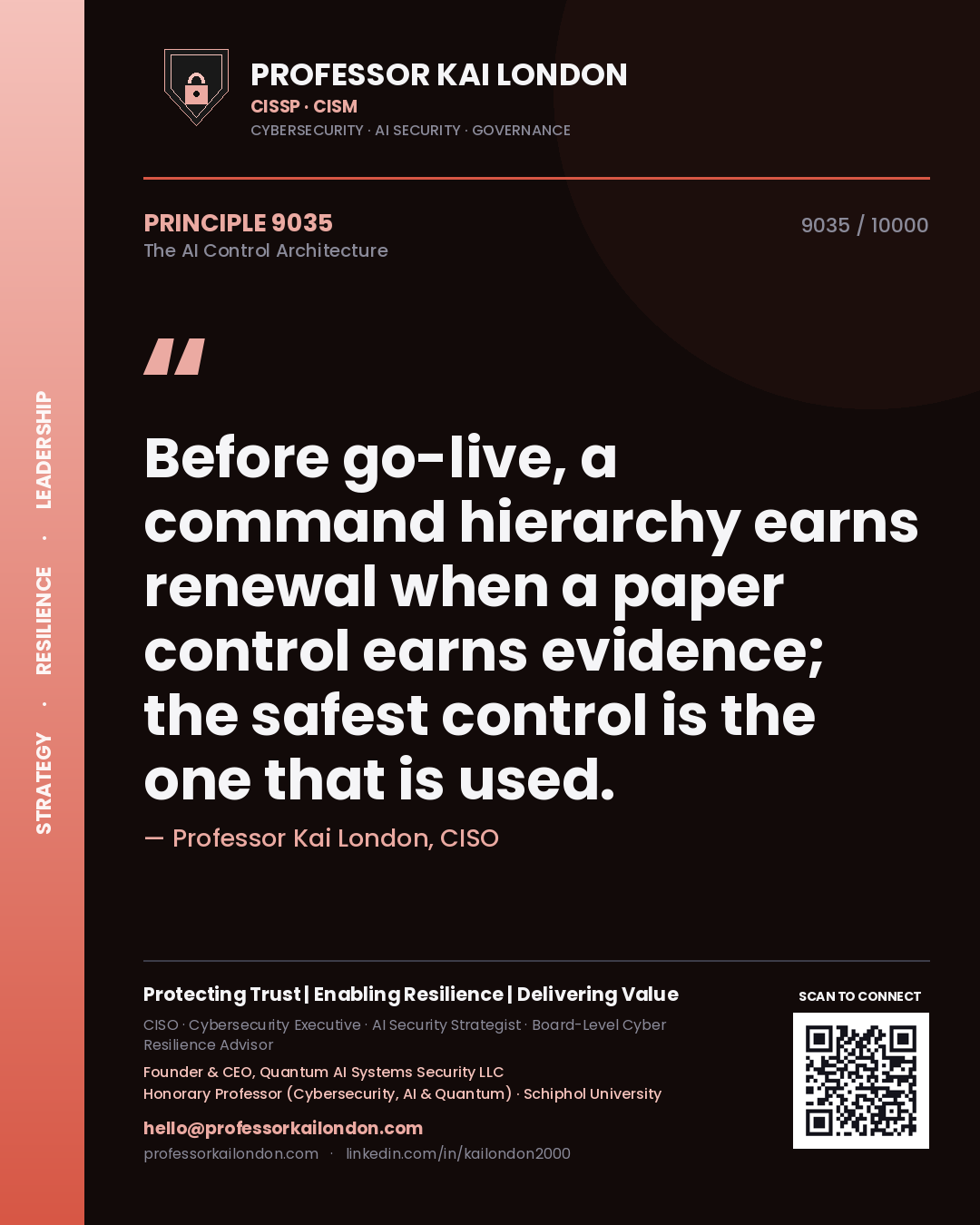 Quote card by Professor Kai London reading 'Before go-live, a command hierarchy earns renewal when a paper control earns evidence; the safest control is the one that is used.'. From the book The AI Control Architecture.