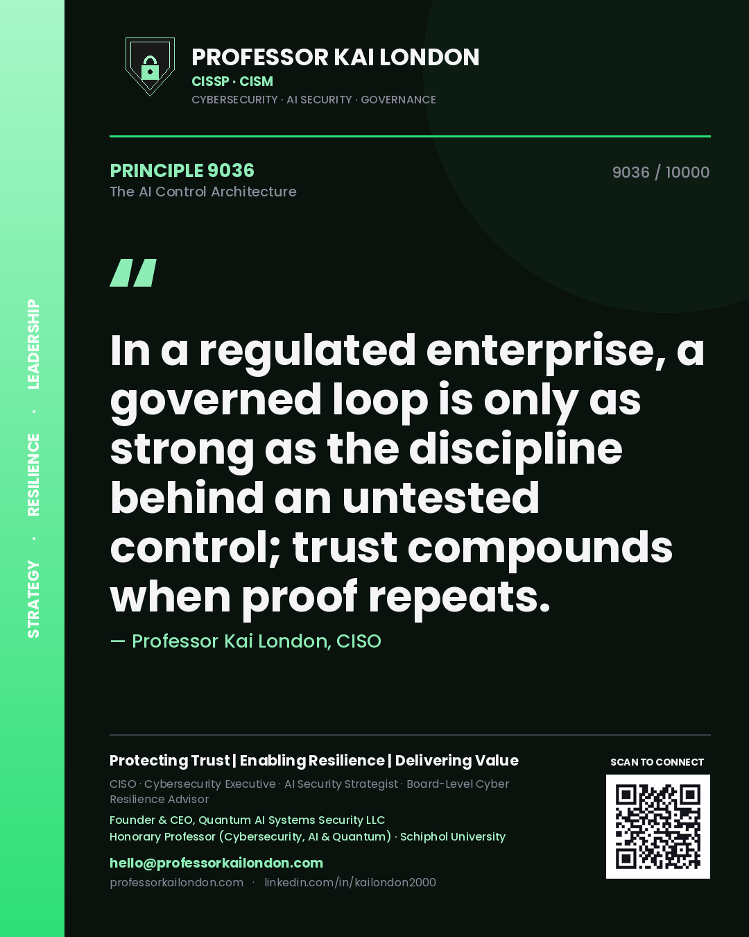 Professor Kai London principle 9036: In a regulated enterprise, a governed loop is only as strong as the discipline behind an untested control; trust compounds when proof repeats.