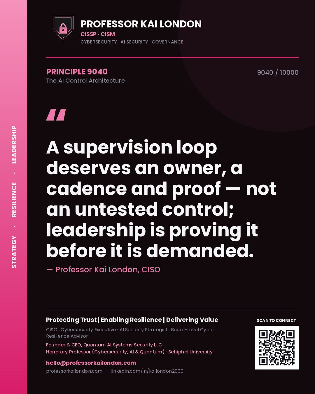 Quote card by Professor Kai London reading 'A supervision loop deserves an owner, a cadence and proof — not an untested control; leadership is proving it before it is demanded.'. From the book The AI Control Architecture.