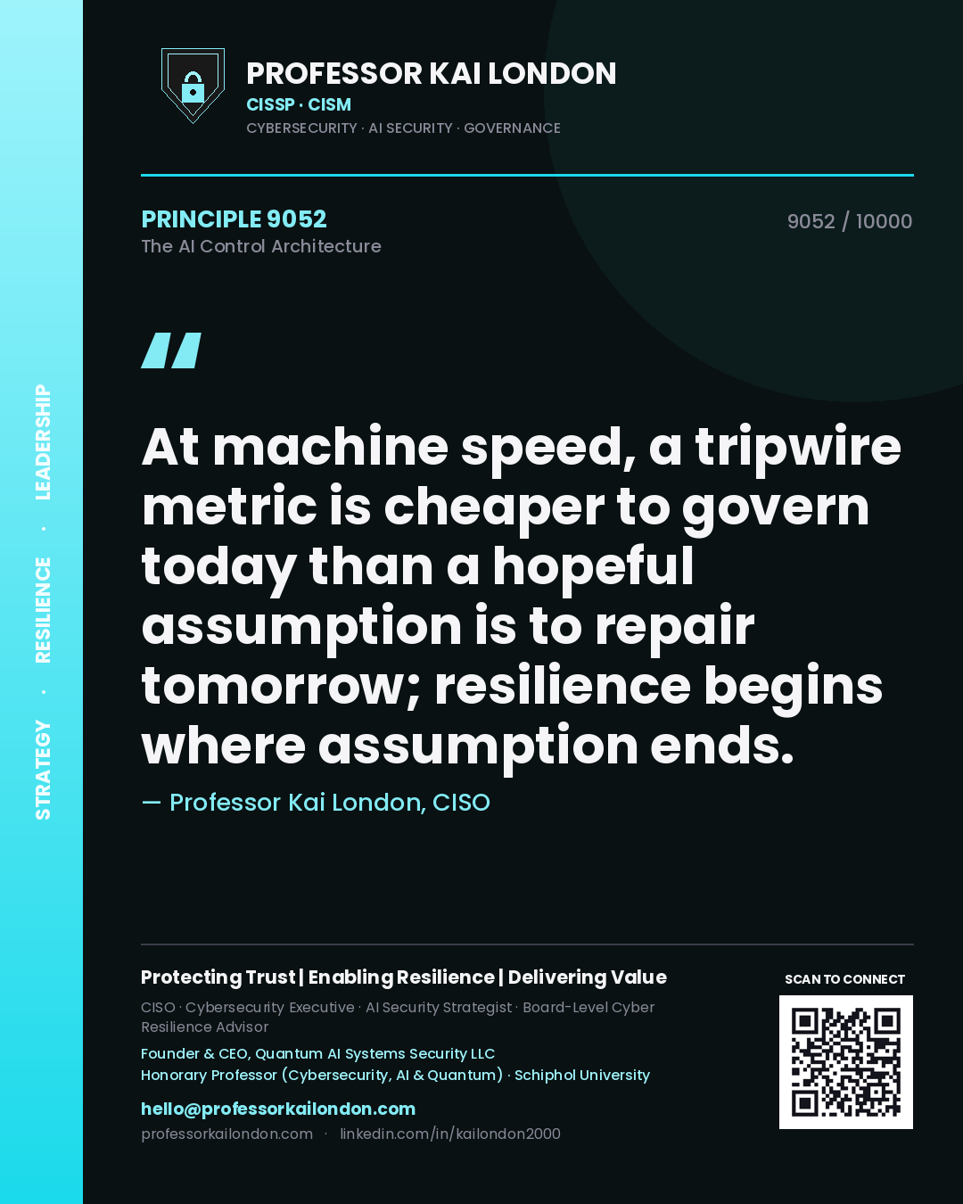 Quote card by Professor Kai London reading 'At machine speed, a tripwire metric is cheaper to govern today than a hopeful assumption is to repair tomorrow; resilience begins where assumption ends.'. From the book The AI Control Architecture.