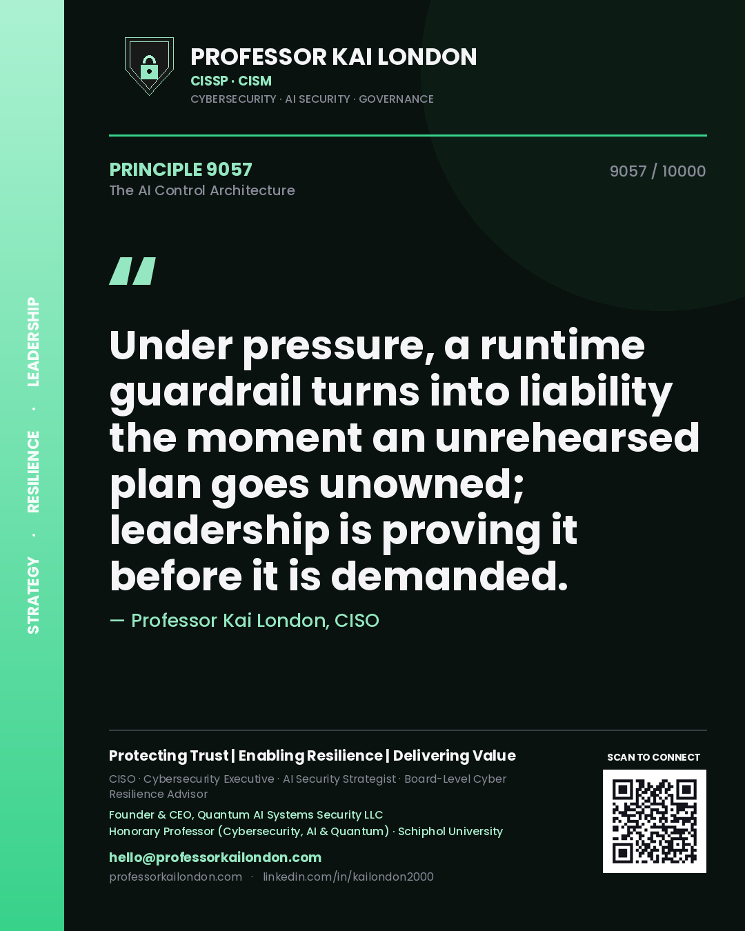 Professor Kai London principle 9057: Under pressure, a runtime guardrail turns into liability the moment an unrehearsed plan goes unowned; leadership is proving it before it is demanded.