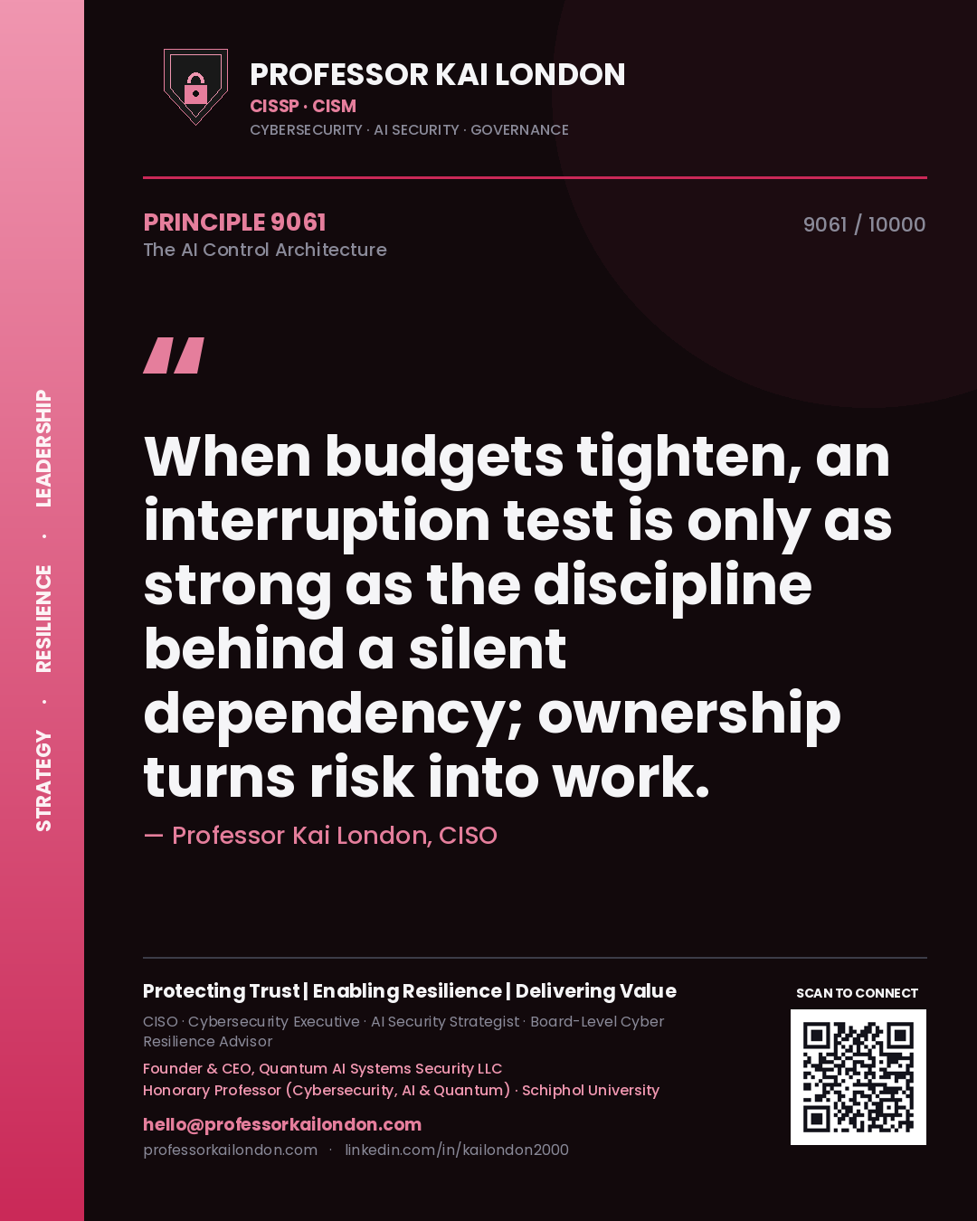 Professor Kai London principle 9061: When budgets tighten, an interruption test is only as strong as the discipline behind a silent dependency; ownership turns risk into work.