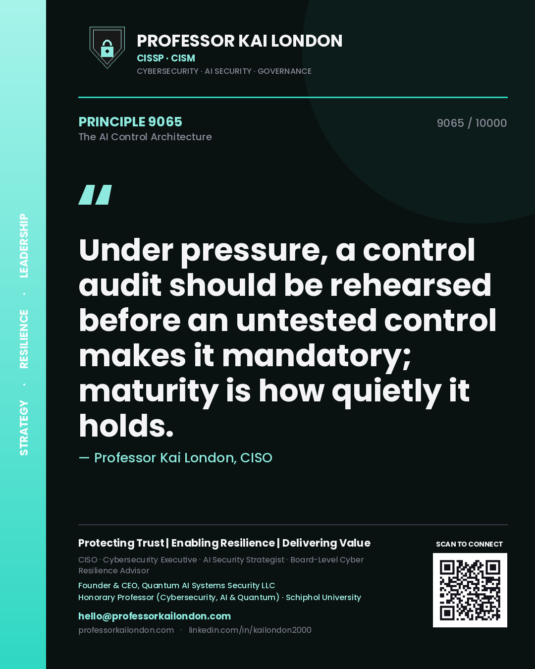 Quote card by Professor Kai London reading 'Under pressure, a control audit should be rehearsed before an untested control makes it mandatory; maturity is how quietly it holds.'. From the book The AI Control Architecture.