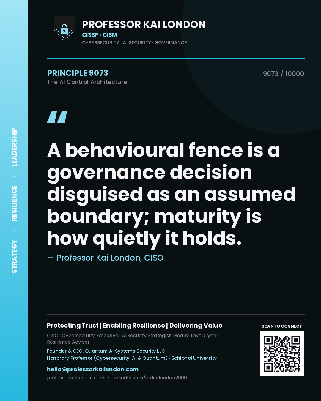 Quote card by Professor Kai London reading 'A behavioural fence is a governance decision disguised as an assumed boundary; maturity is how quietly it holds.'. From the book The AI Control Architecture.