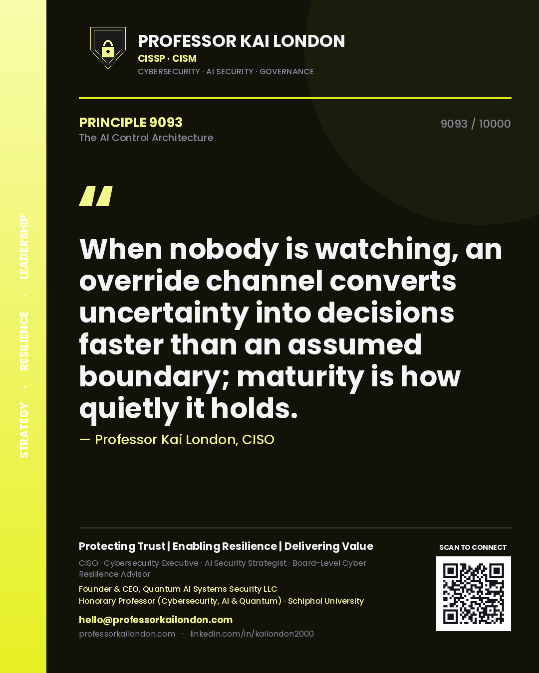 Quote card by Professor Kai London reading 'When nobody is watching, an override channel converts uncertainty into decisions faster than an assumed boundary; maturity is how quietly it holds.'. From the book The AI Control Architecture.