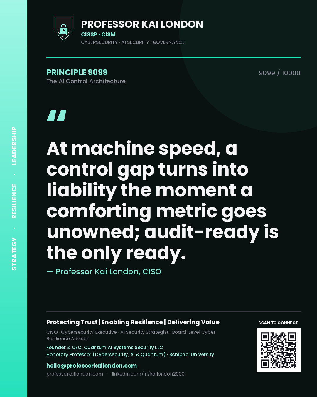 Quote card by Professor Kai London reading 'At machine speed, a control gap turns into liability the moment a comforting metric goes unowned; audit-ready is the only ready.'. From the book The AI Control Architecture.