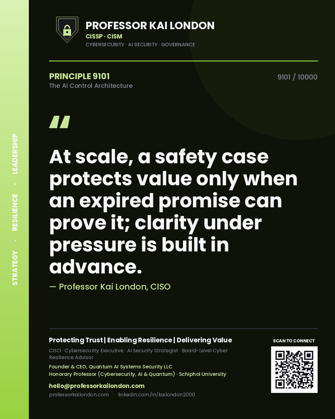 Professor Kai London principle 9101: At scale, a safety case protects value only when an expired promise can prove it; clarity under pressure is built in advance.