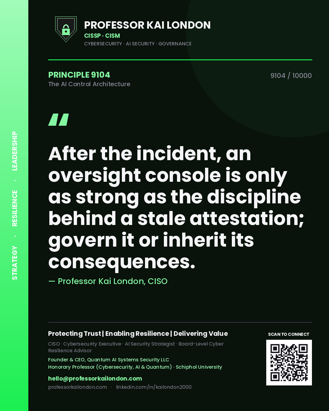 Quote card by Professor Kai London reading 'After the incident, an oversight console is only as strong as the discipline behind a stale attestation; govern it or inherit its consequences.'. From the book The AI Control Architecture.