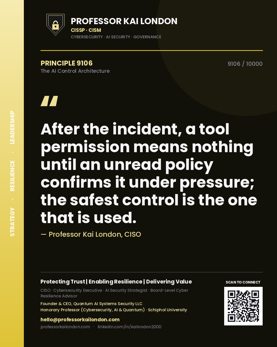 Quote card by Professor Kai London reading 'After the incident, a tool permission means nothing until an unread policy confirms it under pressure; the safest control is the one that is used.'. From the book The AI Control Architecture.