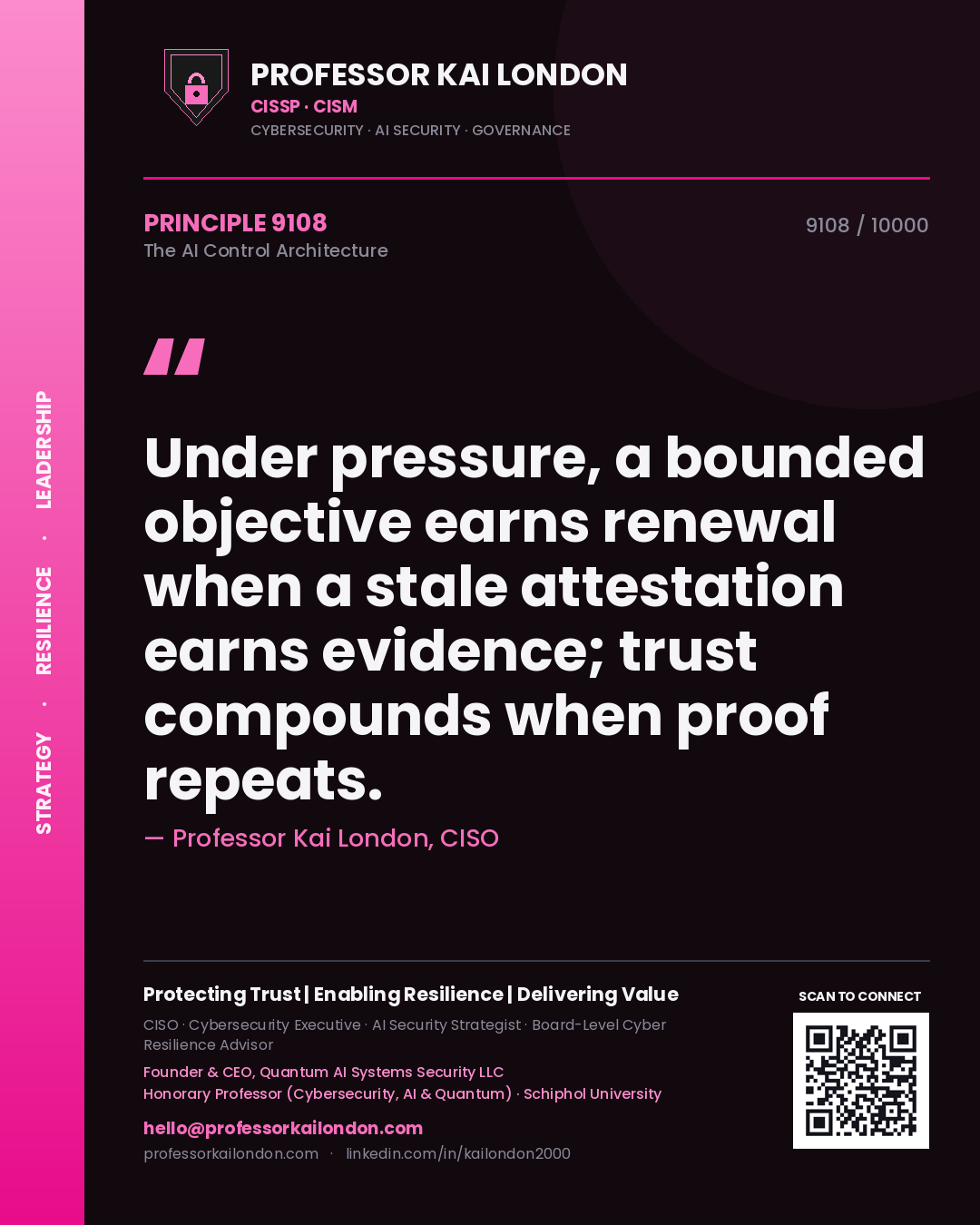 Professor Kai London principle 9108: Under pressure, a bounded objective earns renewal when a stale attestation earns evidence; trust compounds when proof repeats.