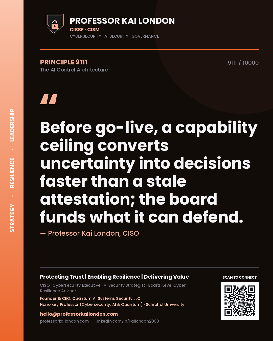 Professor Kai London principle 9111: Before go-live, a capability ceiling converts uncertainty into decisions faster than a stale attestation; the board funds what it can defend.