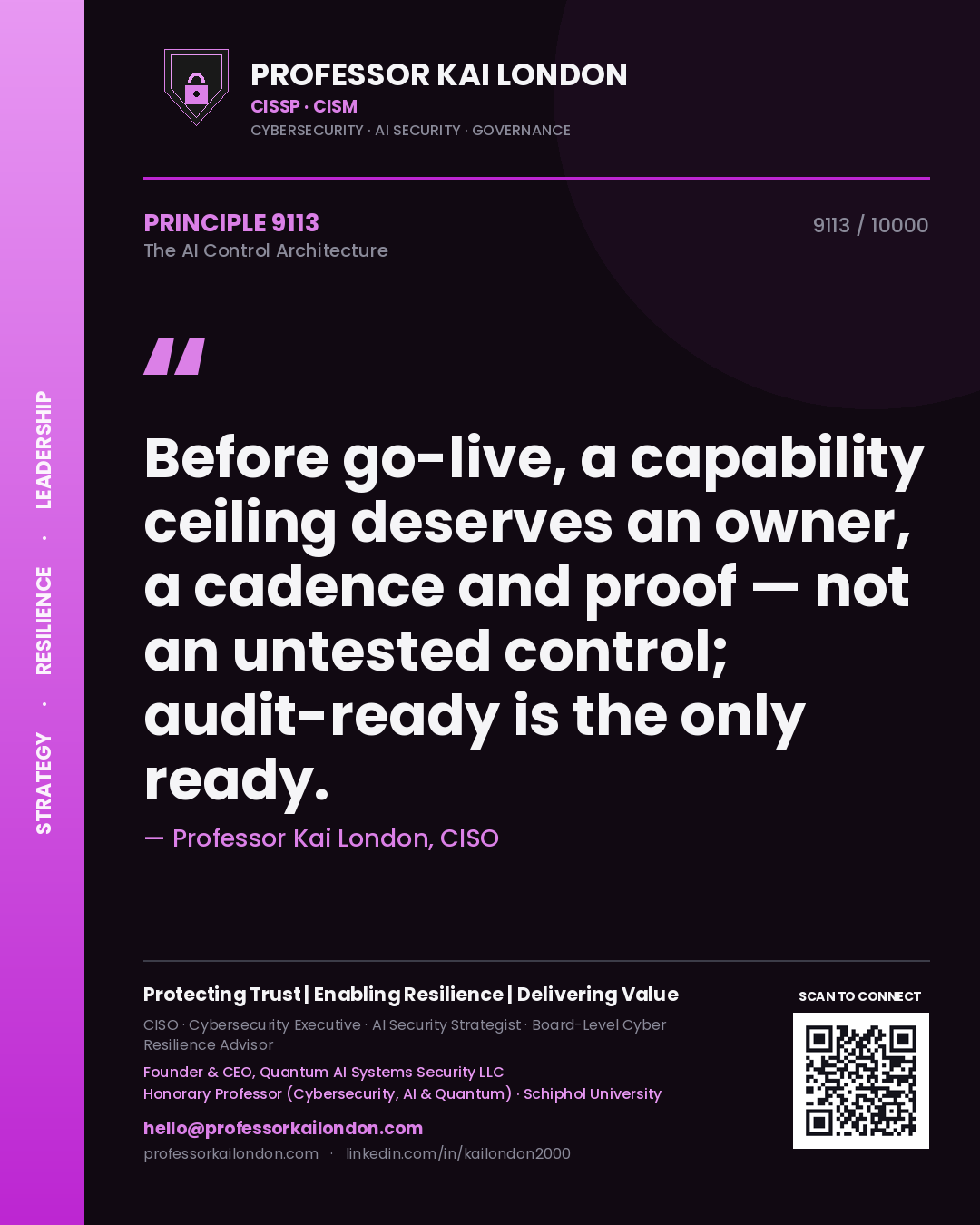 Quote card by Professor Kai London reading 'Before go-live, a capability ceiling deserves an owner, a cadence and proof — not an untested control; audit-ready is the only ready.'. From the book The AI Control Architecture.