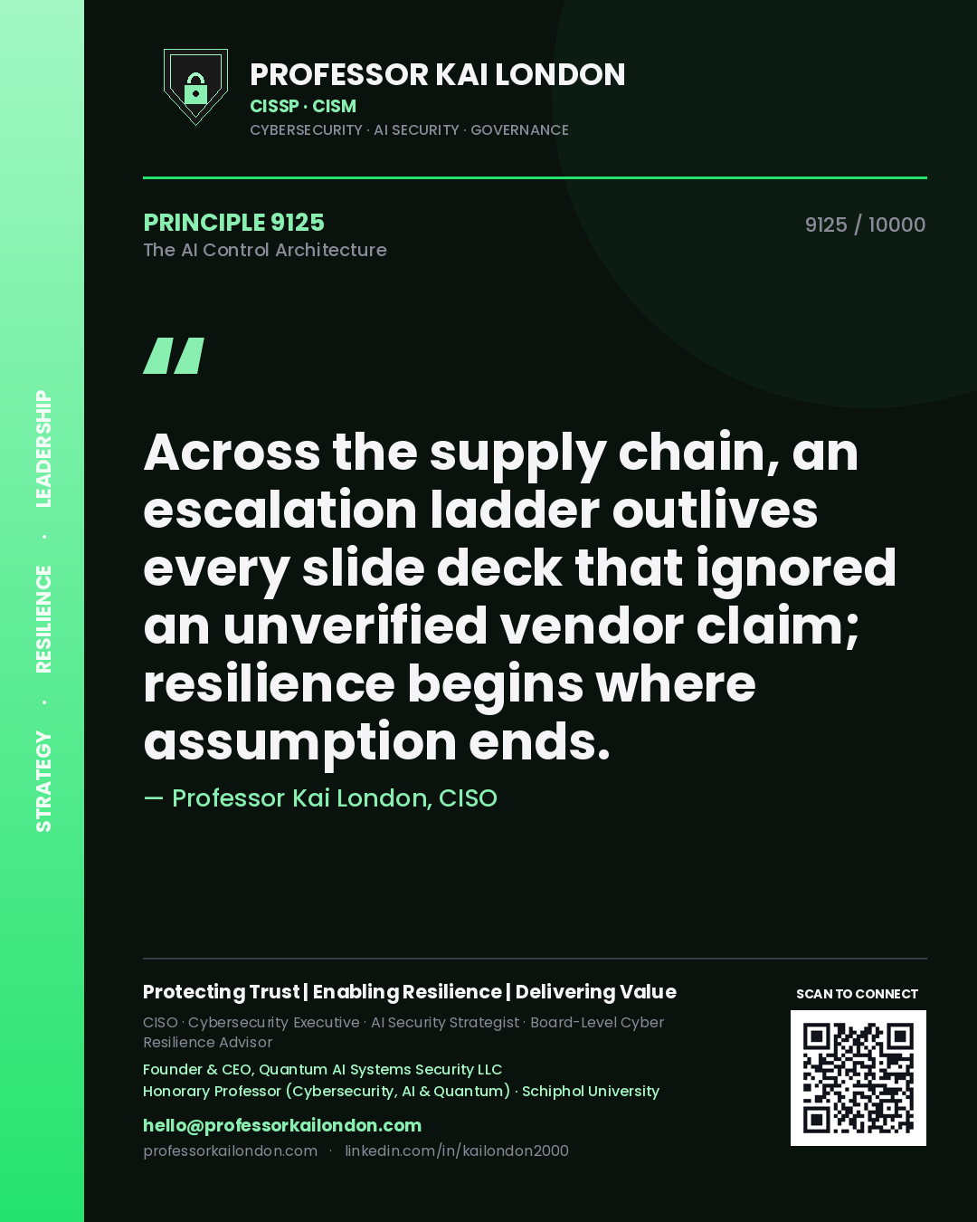 Professor Kai London principle 9125: Across the supply chain, an escalation ladder outlives every slide deck that ignored an unverified vendor claim; resilience begins where assumption ends.
