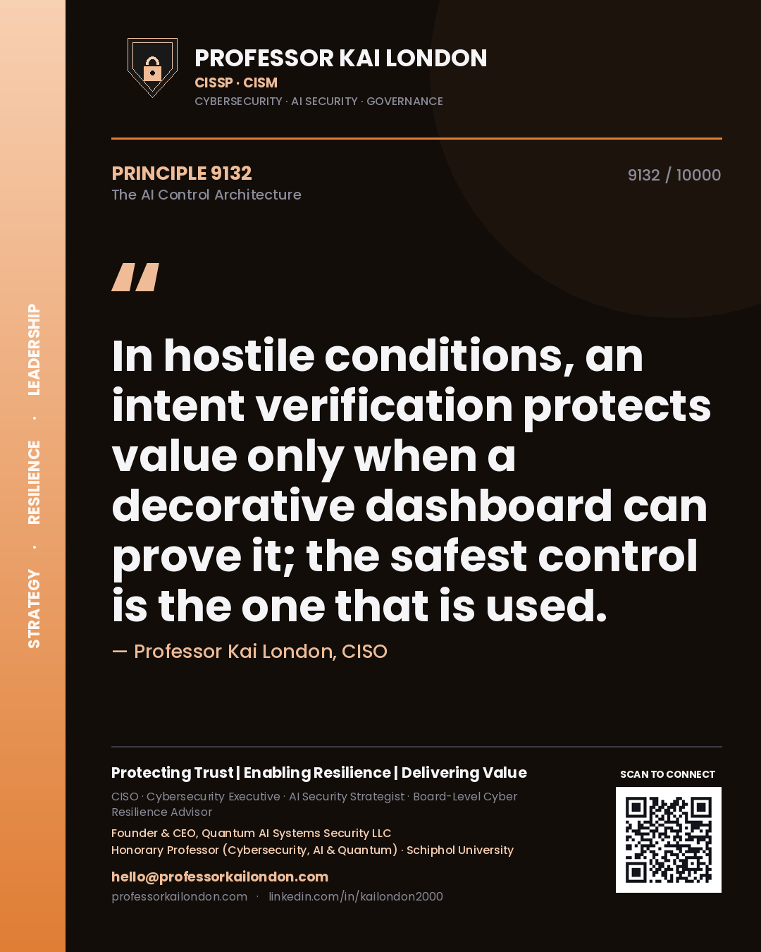 Professor Kai London principle 9132: In hostile conditions, an intent verification protects value only when a decorative dashboard can prove it; the safest control is the one that is used.