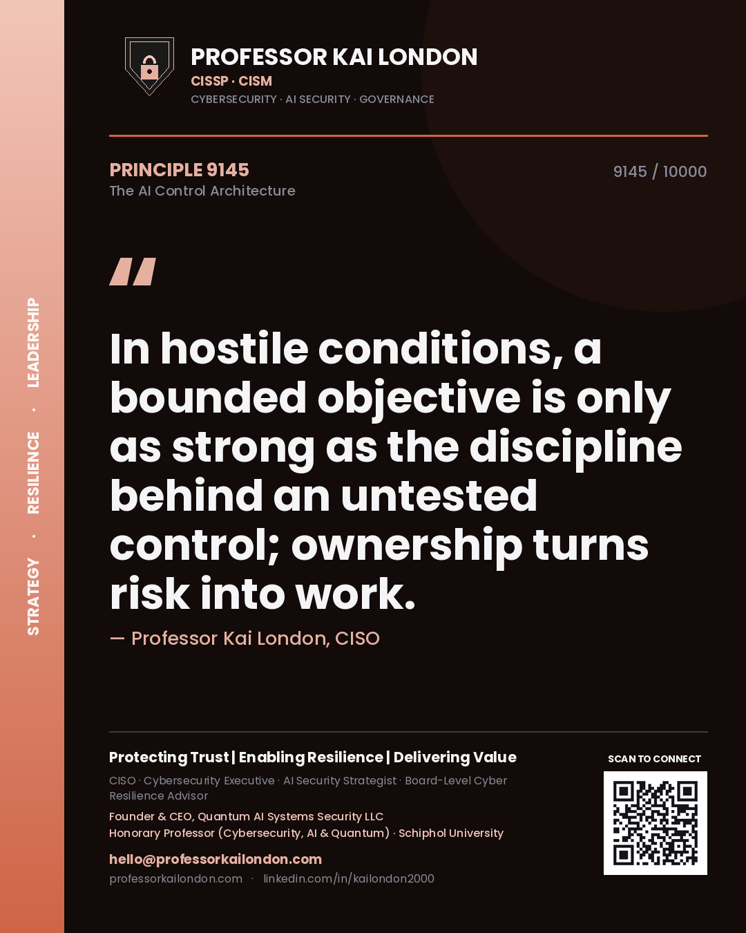 Professor Kai London principle 9145: In hostile conditions, a bounded objective is only as strong as the discipline behind an untested control; ownership turns risk into work.