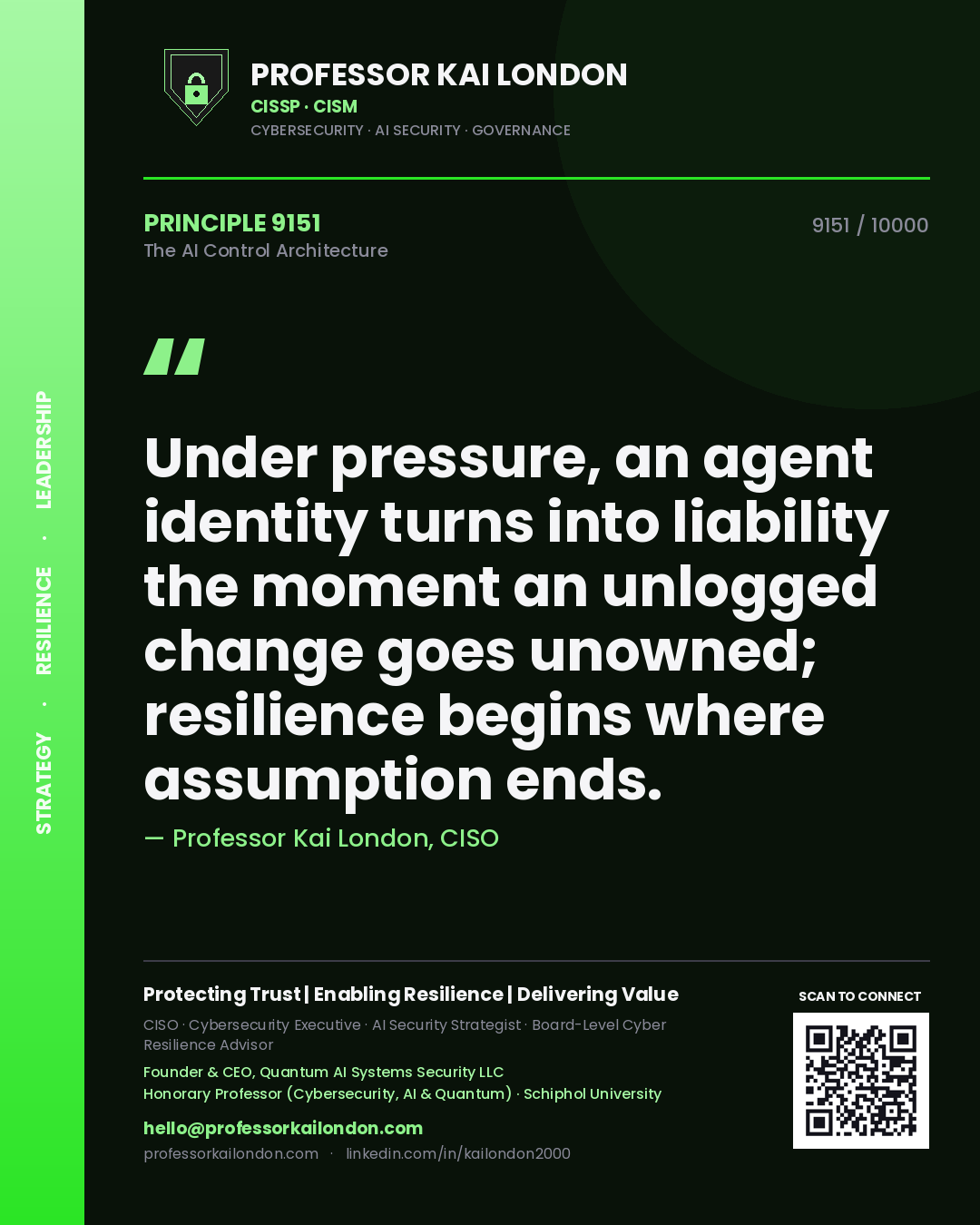 Professor Kai London principle 9151: Under pressure, an agent identity turns into liability the moment an unlogged change goes unowned; resilience begins where assumption ends.