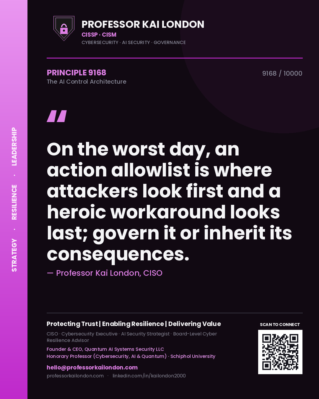 Professor Kai London principle 9168: On the worst day, an action allowlist is where attackers look first and a heroic workaround looks last; govern it or inherit its consequences.
