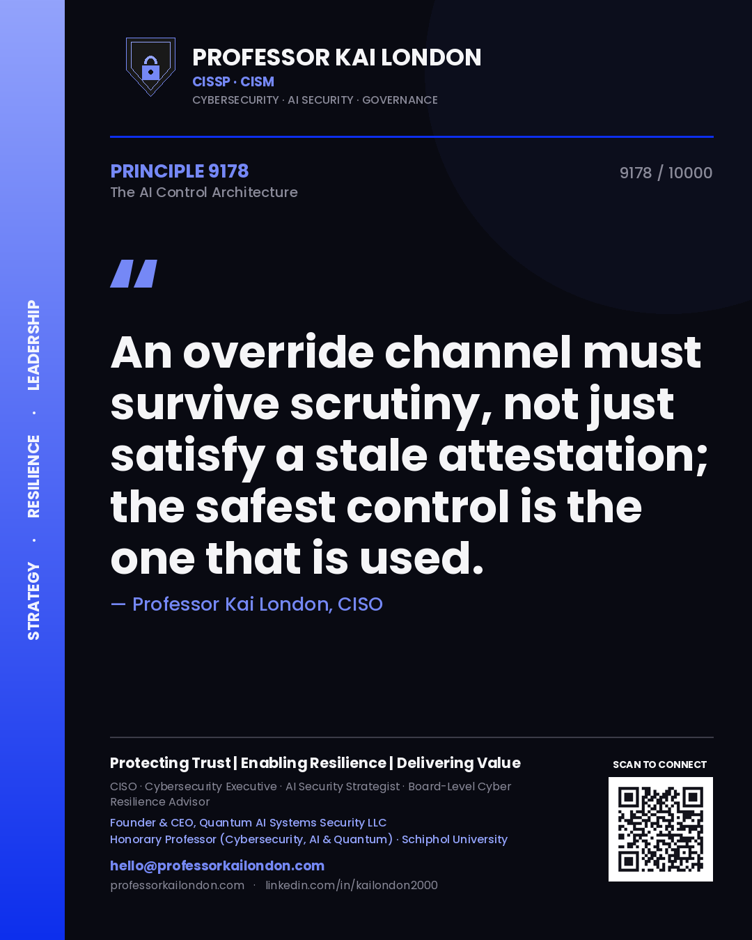 Quote card by Professor Kai London reading 'An override channel must survive scrutiny, not just satisfy a stale attestation; the safest control is the one that is used.'. From the book The AI Control Architecture.