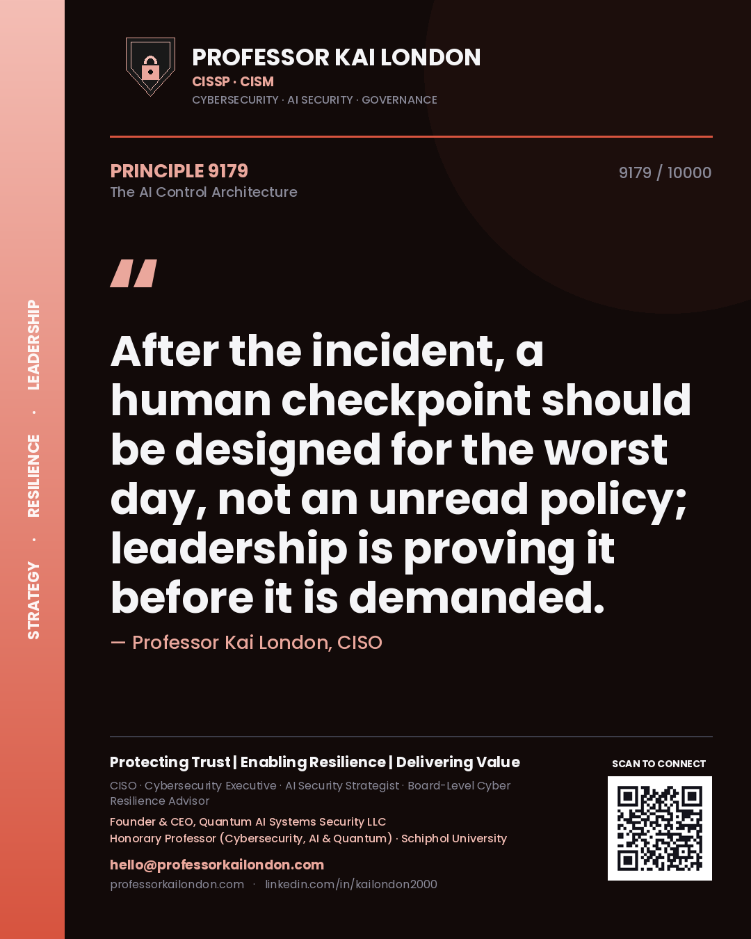 Quote card by Professor Kai London reading 'After the incident, a human checkpoint should be designed for the worst day, not an unread policy; leadership is proving it before it is demanded.'. From the book The AI Control Architecture.