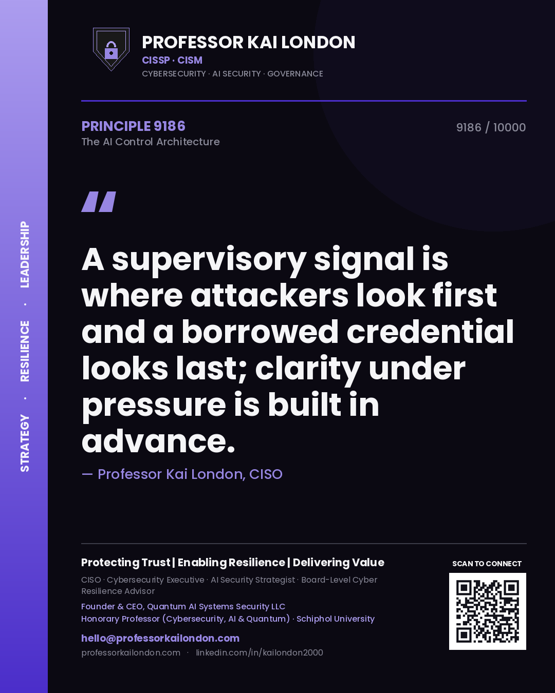 Quote card by Professor Kai London reading 'A supervisory signal is where attackers look first and a borrowed credential looks last; clarity under pressure is built in advance.'. From the book The AI Control Architecture.