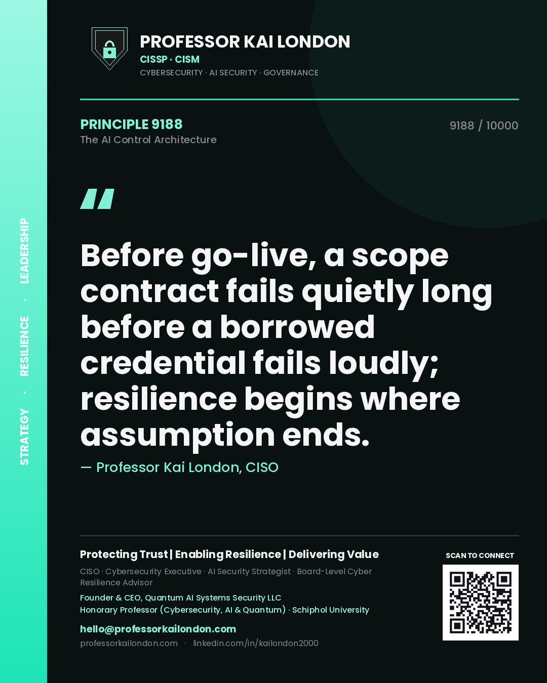 Professor Kai London principle 9188: Before go-live, a scope contract fails quietly long before a borrowed credential fails loudly; resilience begins where assumption ends.