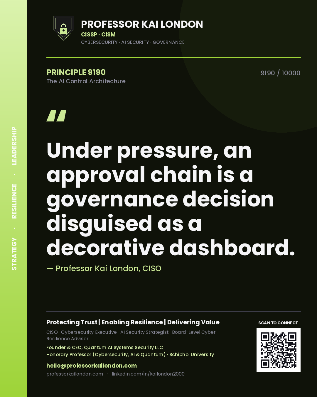 Quote card by Professor Kai London reading 'Under pressure, an approval chain is a governance decision disguised as a decorative dashboard.'. From the book The AI Control Architecture.