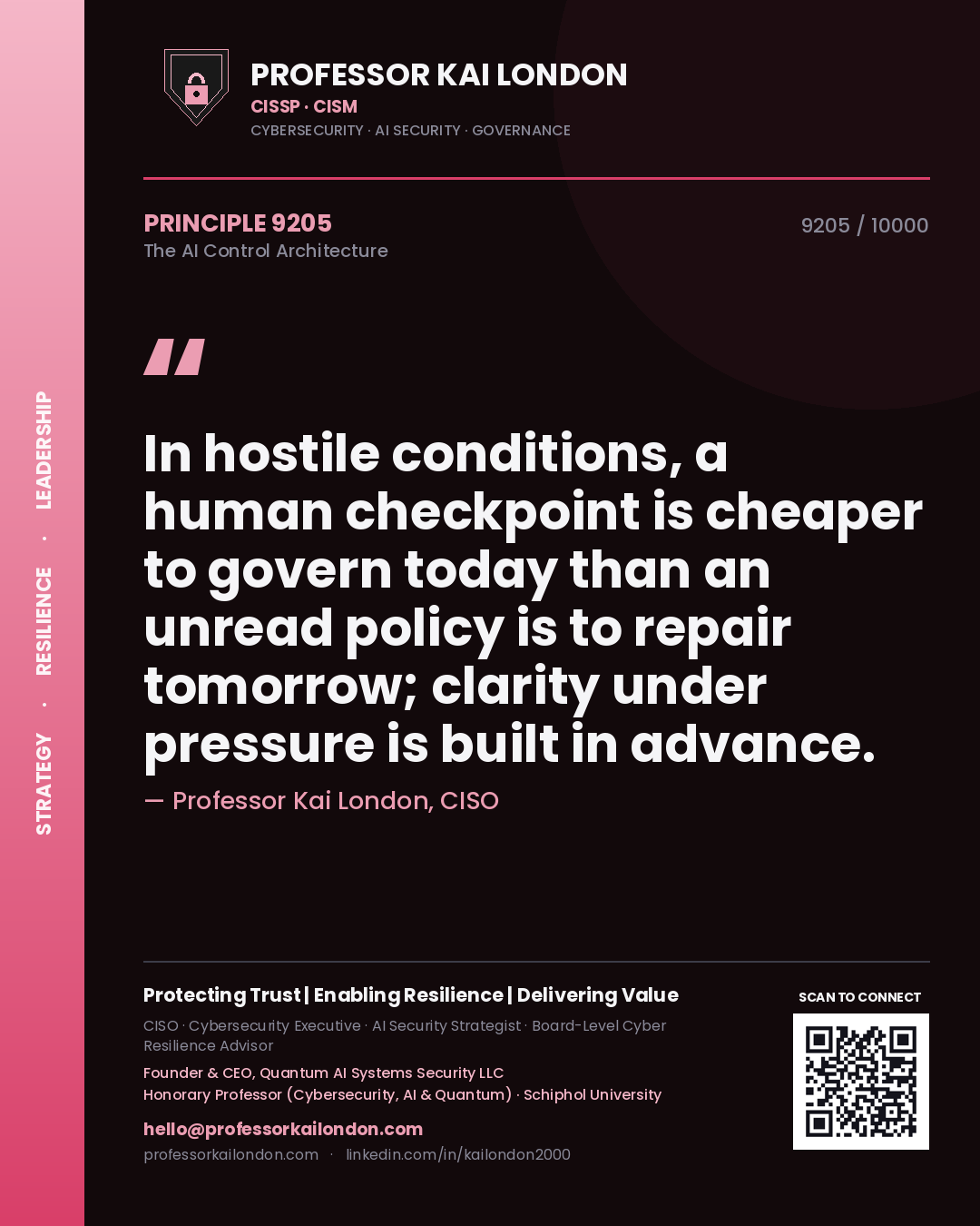 Quote card by Professor Kai London reading 'In hostile conditions, a human checkpoint is cheaper to govern today than an unread policy is to repair tomorrow; clarity under pressure is built in advance.'. From the book The AI Control Architecture.