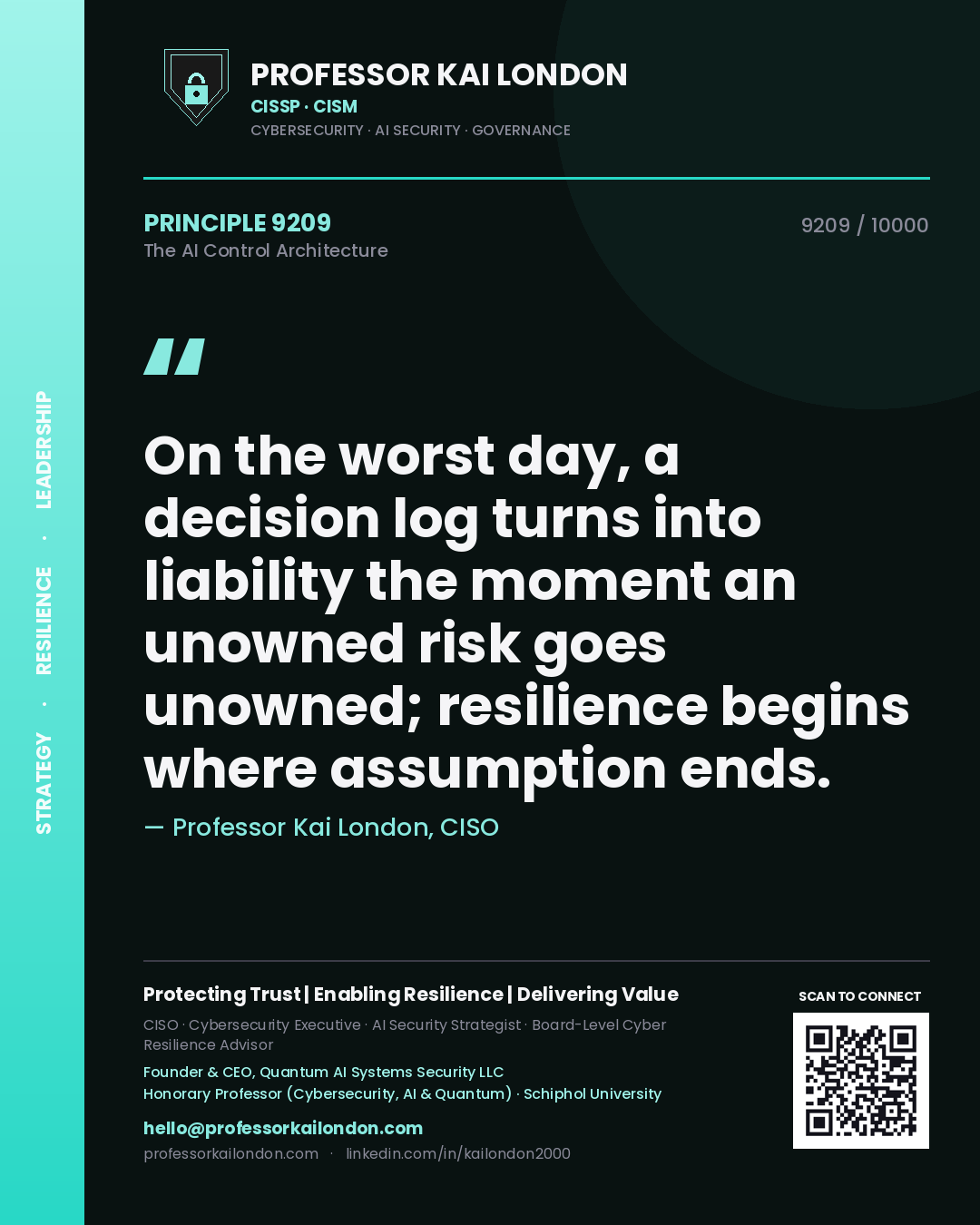 Professor Kai London principle 9209: On the worst day, a decision log turns into liability the moment an unowned risk goes unowned; resilience begins where assumption ends.