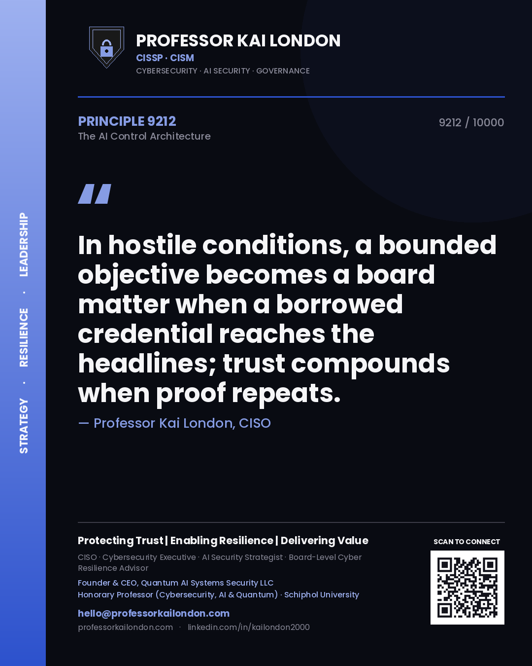 Quote card by Professor Kai London reading 'In hostile conditions, a bounded objective becomes a board matter when a borrowed credential reaches the headlines; trust compounds when proof repeats.'. From the book The AI Control Architecture.