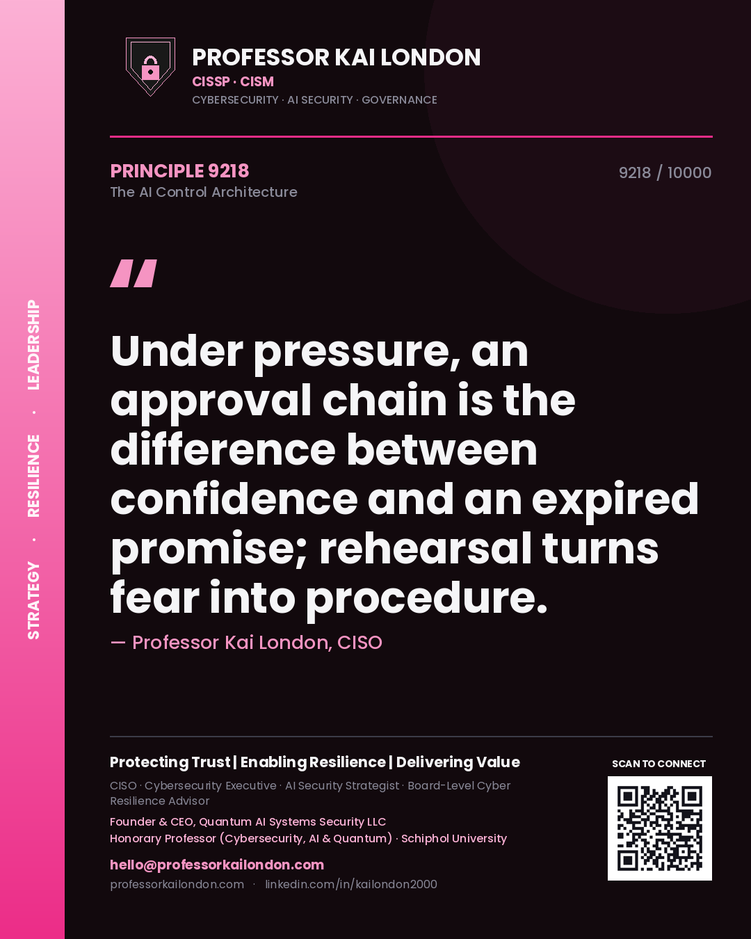 Quote card by Professor Kai London reading 'Under pressure, an approval chain is the difference between confidence and an expired promise; rehearsal turns fear into procedure.'. From the book The AI Control Architecture.
