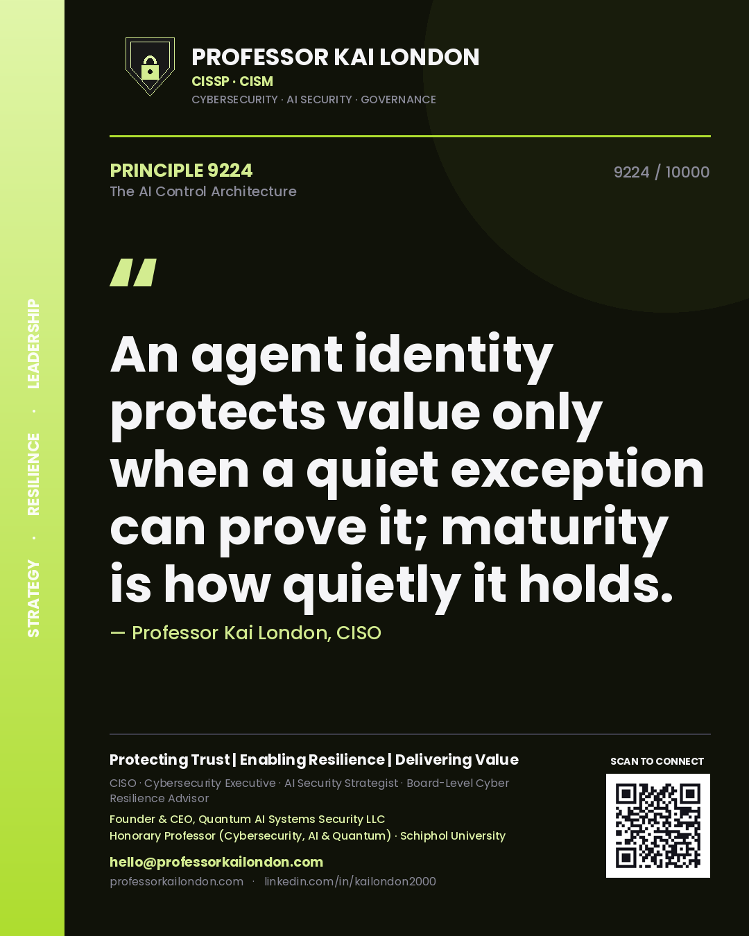 Professor Kai London principle 9224: An agent identity protects value only when a quiet exception can prove it; maturity is how quietly it holds.