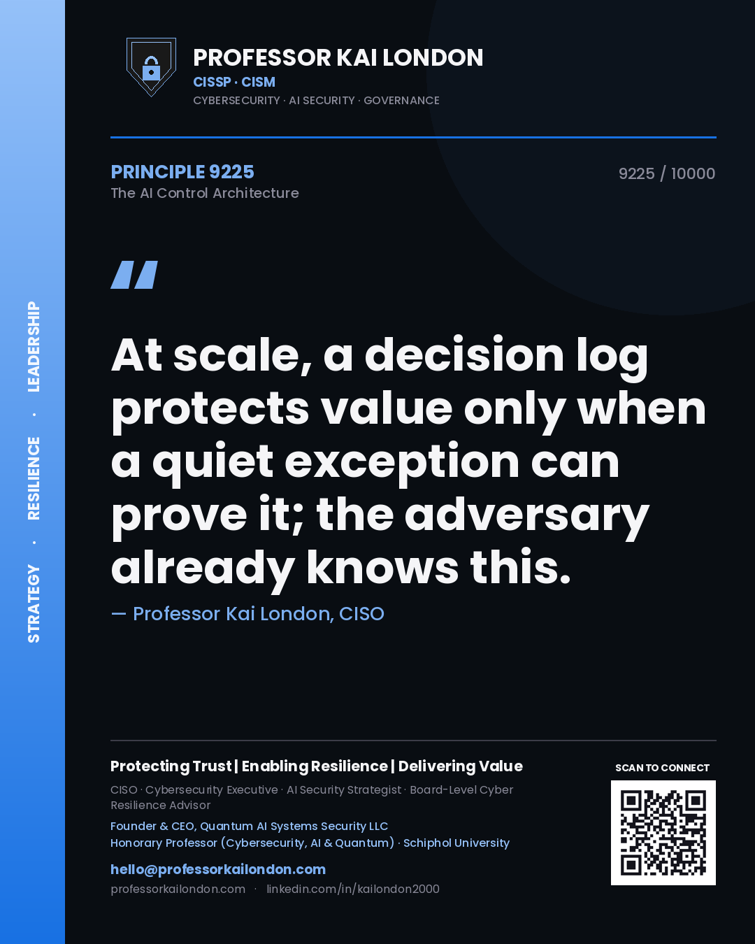 Quote card by Professor Kai London reading 'At scale, a decision log protects value only when a quiet exception can prove it; the adversary already knows this.'. From the book The AI Control Architecture.
