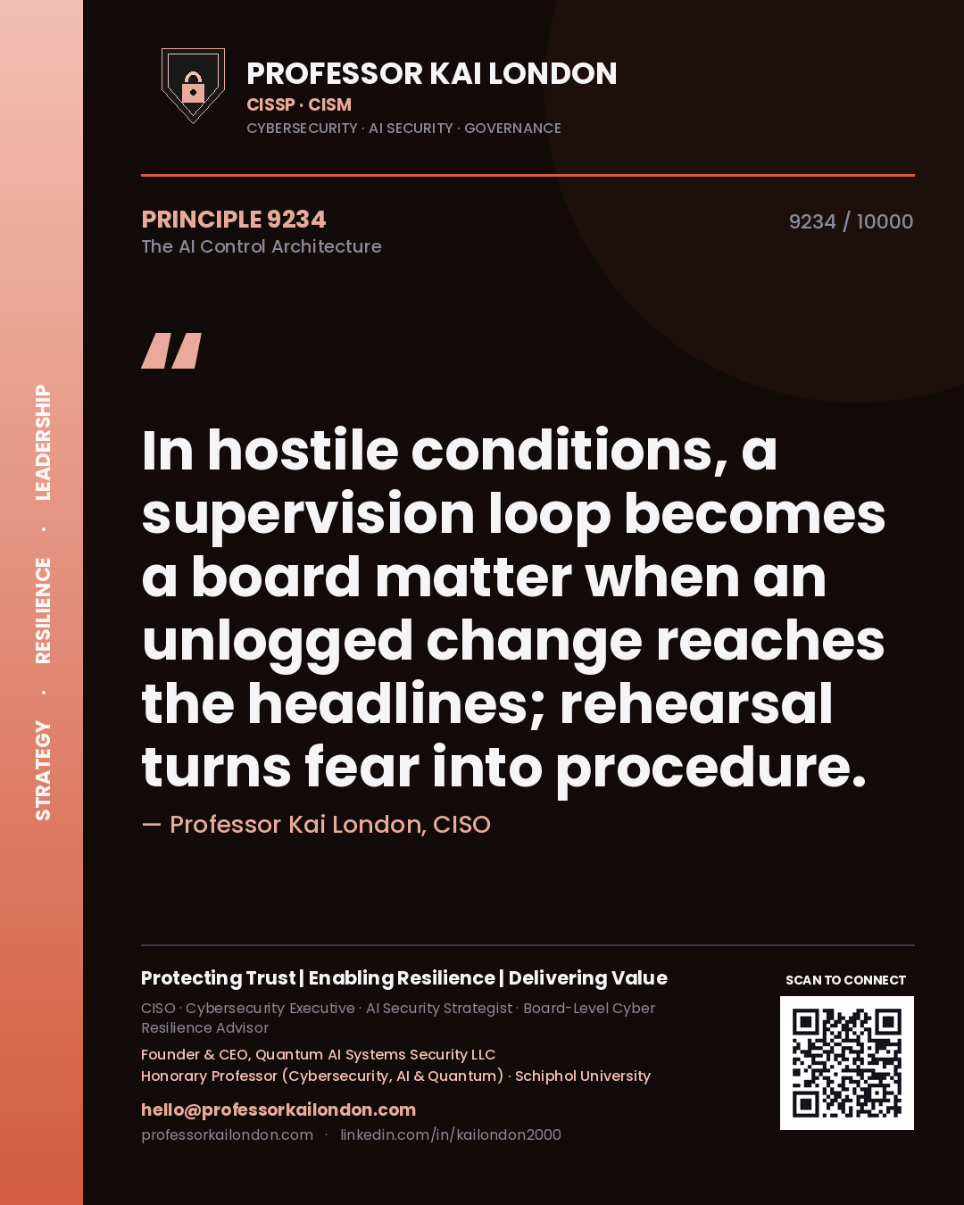 Quote card by Professor Kai London reading 'In hostile conditions, a supervision loop becomes a board matter when an unlogged change reaches the headlines; rehearsal turns fear into procedure.'. From the book The AI Control Architecture.
