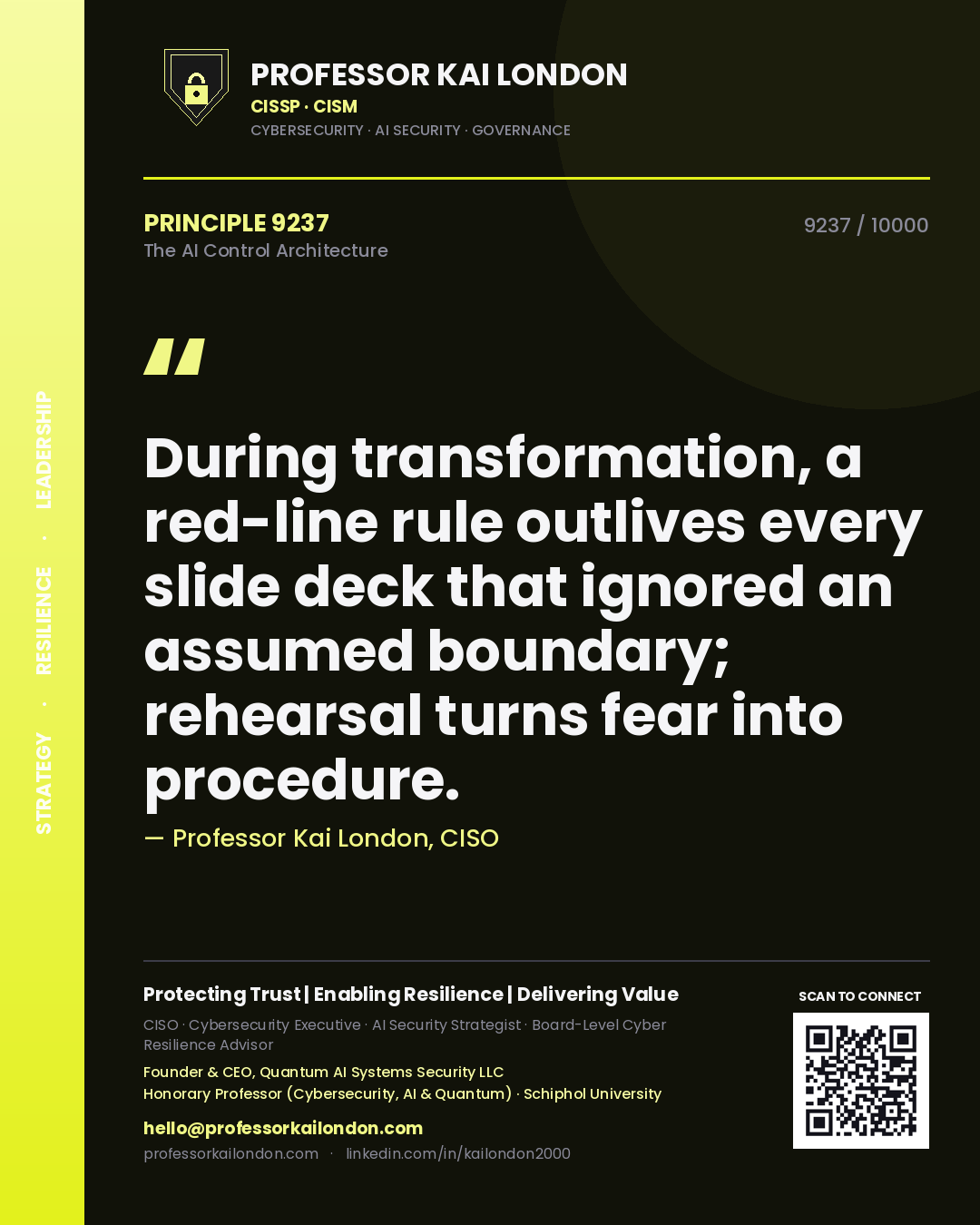 Professor Kai London principle 9237: During transformation, a red-line rule outlives every slide deck that ignored an assumed boundary; rehearsal turns fear into procedure.