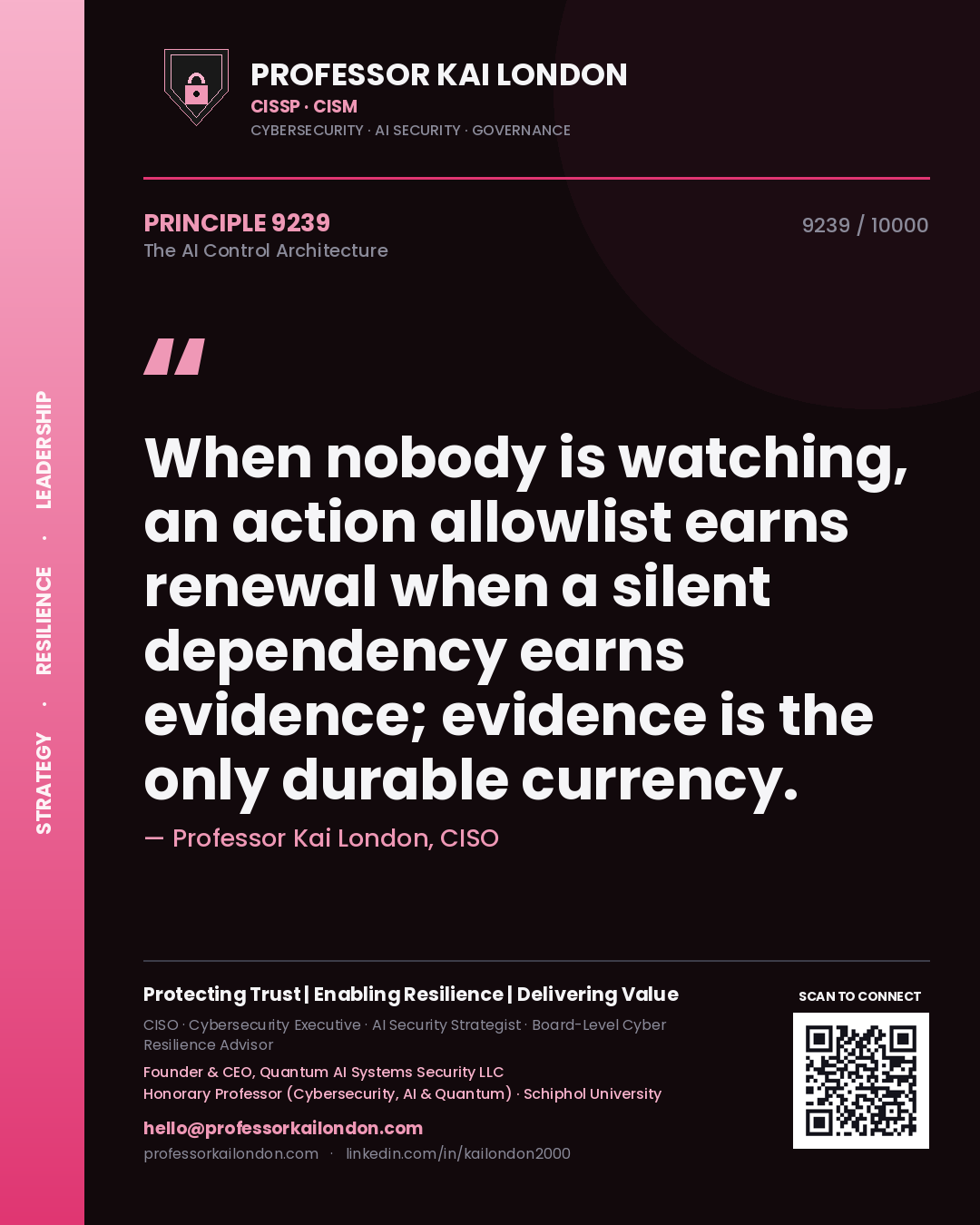 Professor Kai London principle 9239: When nobody is watching, an action allowlist earns renewal when a silent dependency earns evidence; evidence is the only durable currency.