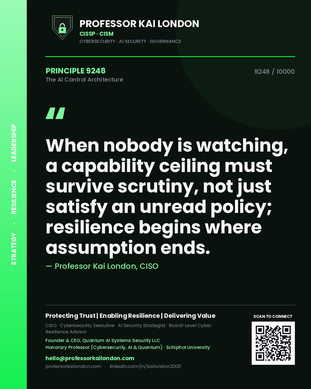 Professor Kai London principle 9248: When nobody is watching, a capability ceiling must survive scrutiny, not just satisfy an unread policy; resilience begins where assumption ends.