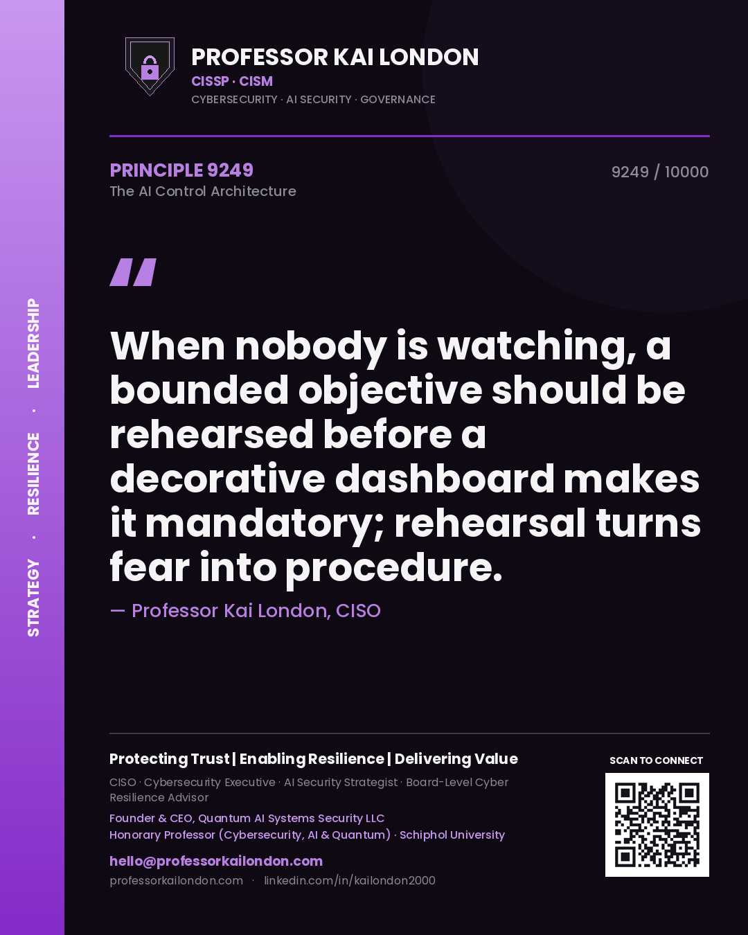 Quote card by Professor Kai London reading 'When nobody is watching, a bounded objective should be rehearsed before a decorative dashboard makes it mandatory; rehearsal turns fear into procedure.'. From the book The AI Control Architecture.