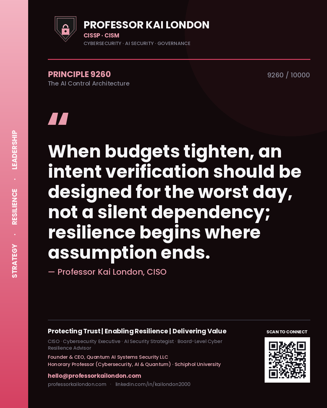 Quote card by Professor Kai London reading 'When budgets tighten, an intent verification should be designed for the worst day, not a silent dependency; resilience begins where assumption ends.'. From the book The AI Control Architecture.