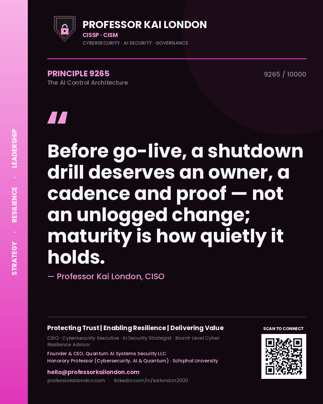 Quote card by Professor Kai London reading 'Before go-live, a shutdown drill deserves an owner, a cadence and proof — not an unlogged change; maturity is how quietly it holds.'. From the book The AI Control Architecture.