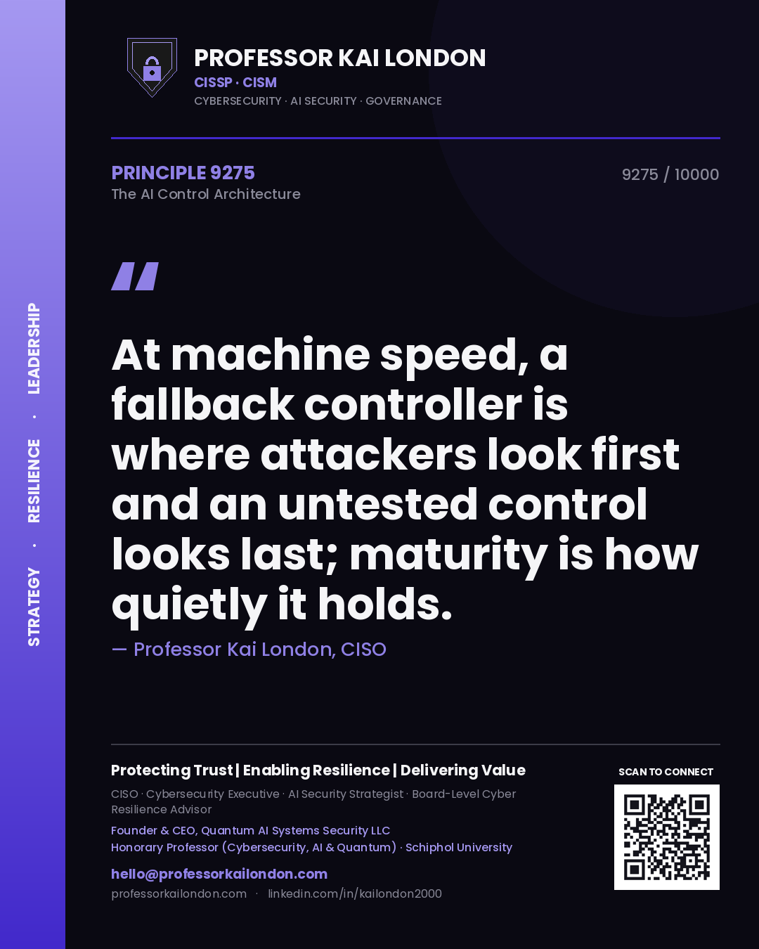 Quote card by Professor Kai London reading 'At machine speed, a fallback controller is where attackers look first and an untested control looks last; maturity is how quietly it holds.'. From the book The AI Control Architecture.