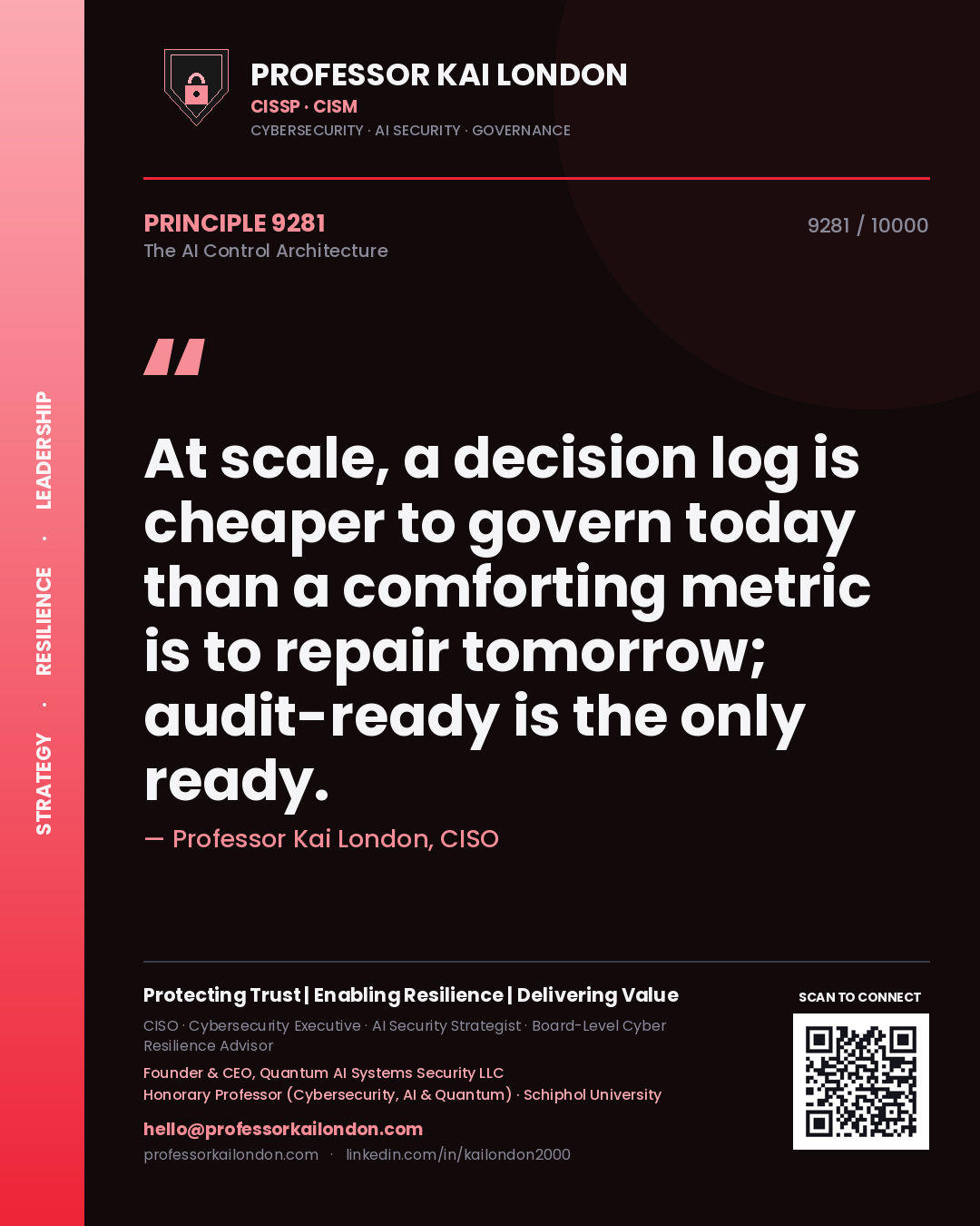 Professor Kai London principle 9281: At scale, a decision log is cheaper to govern today than a comforting metric is to repair tomorrow; audit-ready is the only ready.