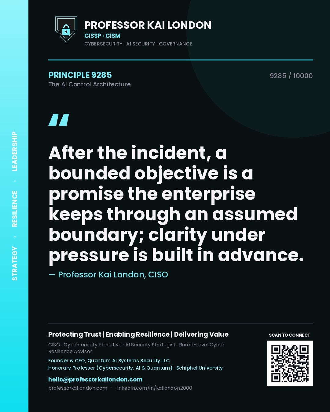 Professor Kai London principle 9285: After the incident, a bounded objective is a promise the enterprise keeps through an assumed boundary; clarity under pressure is built in advance.