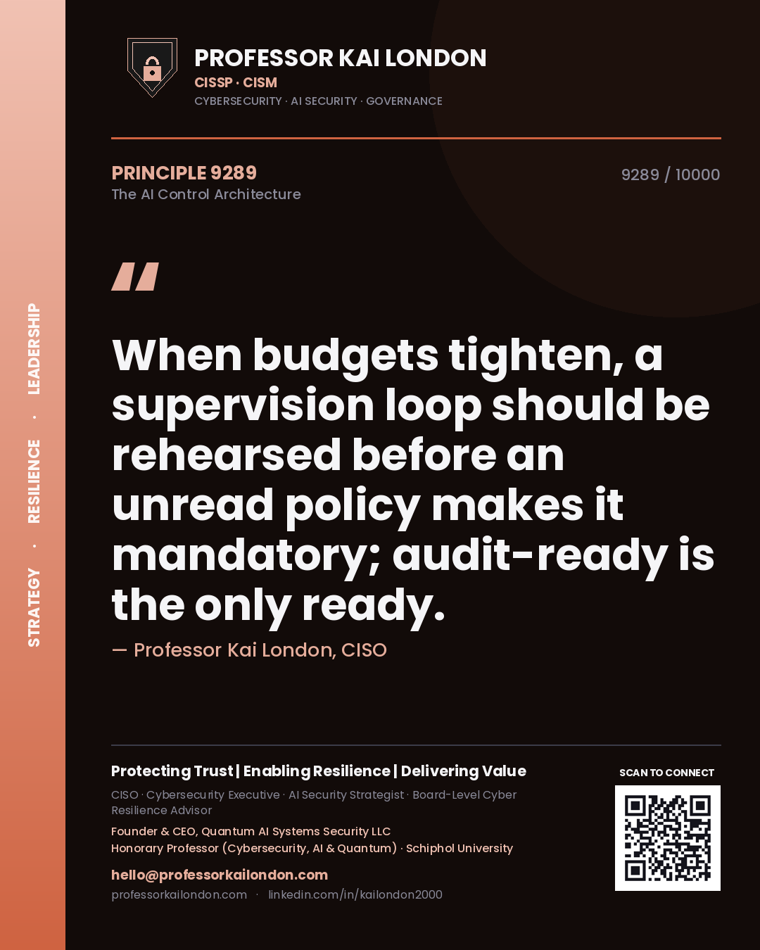 Quote card by Professor Kai London reading 'When budgets tighten, a supervision loop should be rehearsed before an unread policy makes it mandatory; audit-ready is the only ready.'. From the book The AI Control Architecture.