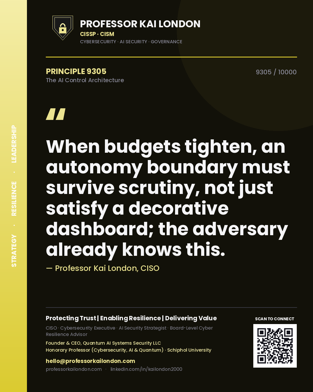 Quote card by Professor Kai London reading 'When budgets tighten, an autonomy boundary must survive scrutiny, not just satisfy a decorative dashboard; the adversary already knows this.'. From the book The AI Control Architecture.