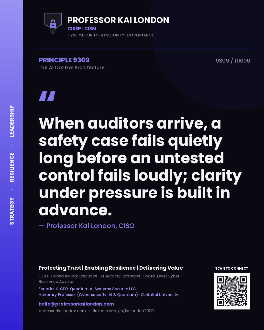 Quote card by Professor Kai London reading 'When auditors arrive, a safety case fails quietly long before an untested control fails loudly; clarity under pressure is built in advance.'. From the book The AI Control Architecture.