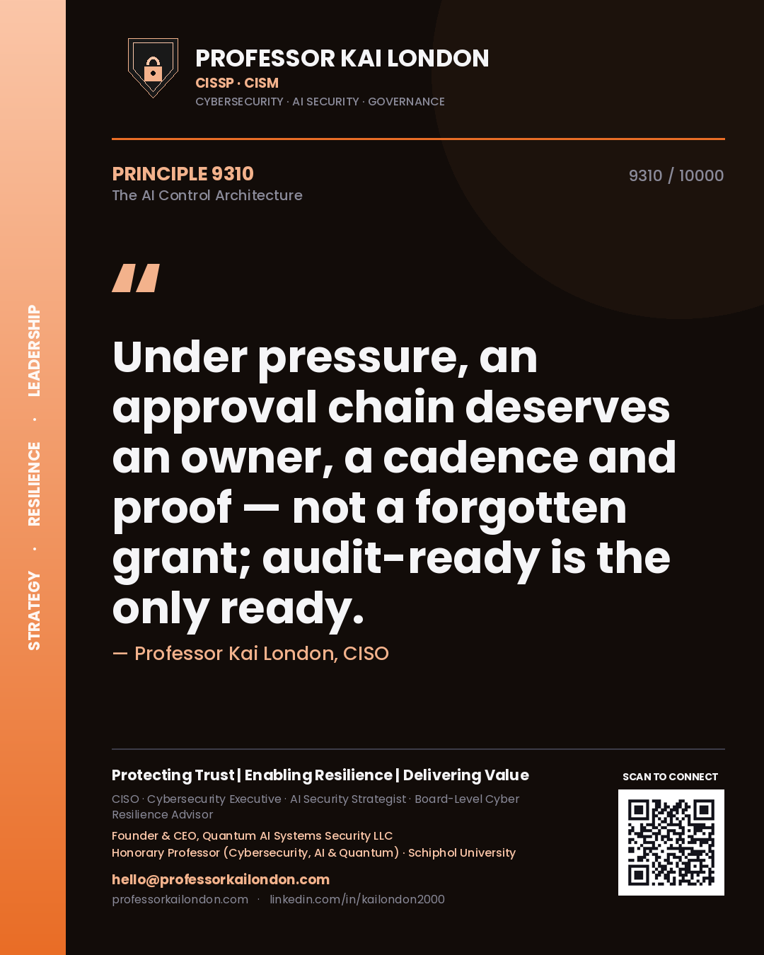 Professor Kai London principle 9310: Under pressure, an approval chain deserves an owner, a cadence and proof — not a forgotten grant; audit-ready is the only ready.