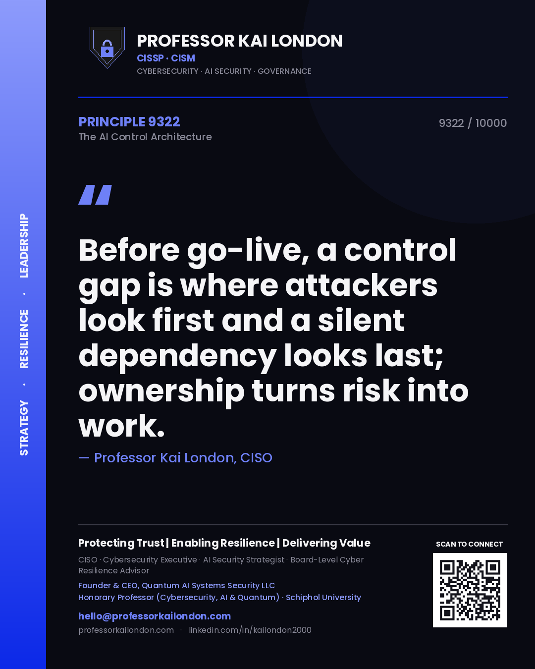 Professor Kai London principle 9322: Before go-live, a control gap is where attackers look first and a silent dependency looks last; ownership turns risk into work.